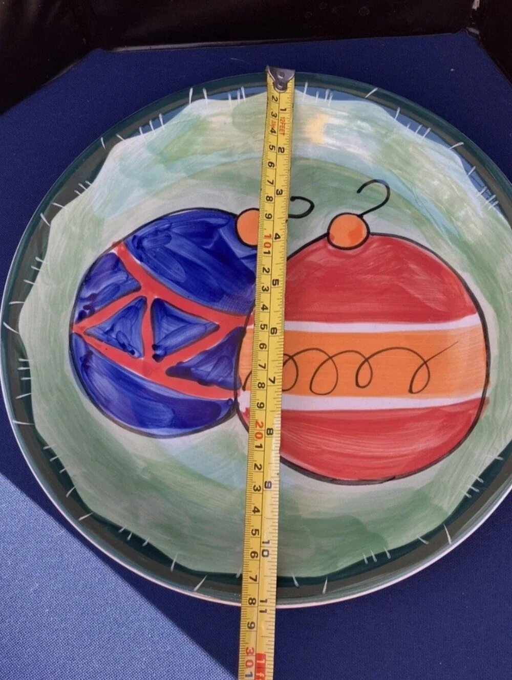 Hand-Painted Holiday Ornament Art Plate - Blue & Red